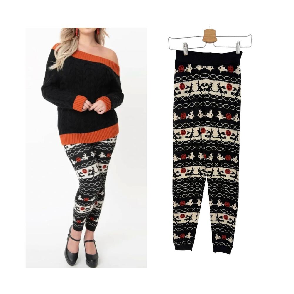 Unique Vintage Sycamore Fair Isle Witch Pumpkin Halloween Knit Leggings XS NWT